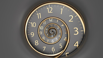 Infinity time. Golden old fashion clock with numerals Abstract time spiral effect. Digital generated An image of a nice spiral watch on a dark background. The concept of time.