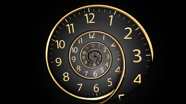 Infinity time. Golden old fashion clock with numerals Abstract time spiral effect. Digital generated An image of a nice spiral watch on a dark background. The concept of time.