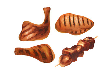 Watercolor bbq grilled chicken steak and kebab. Hand-drawn illustration isolated on white background. Perfect for menu butchery food, meat product