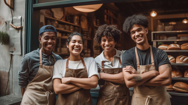 Proud Young Adult Team At The Entrance of Their New Bakery Shop In Europe - Generative AI.