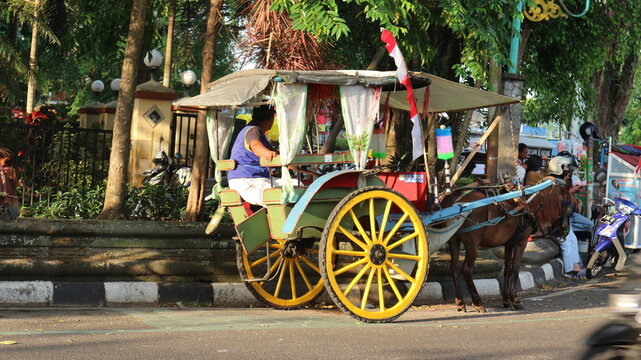 Salatiga, 18 Sept 2022 - coachman is waiting for passengers on the side of a city road. In Indonesia, the Delman is a traditional two-wheeled transportation vehicle that uses horse power.