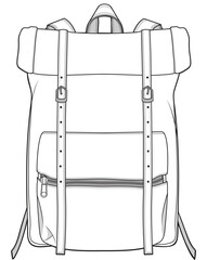 roll top backpack flat sketch vector illustration technical cad drawing template