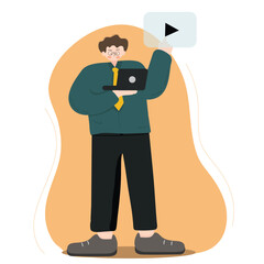 Illustration of a man holding a worktop laptop. Work presentation. Isolated background