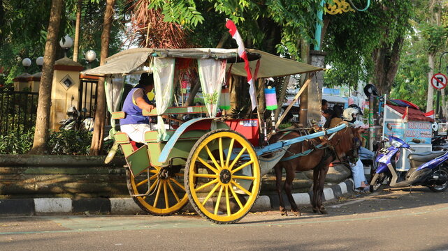 Salatiga, 18 Sept 2022 - coachman is waiting for passengers on the side of a city road. In Indonesia, the Delman is a traditional two-wheeled transportation vehicle that uses horse power.