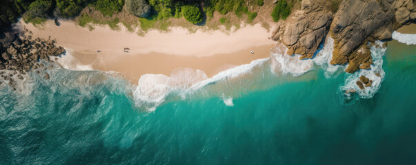 Stunning aerial view of a beautiful beach and crystal clear ocean waters provide a relaxing and scenic backdrop for outdoor leisure and vacation activities. AI Generative. Generative AI