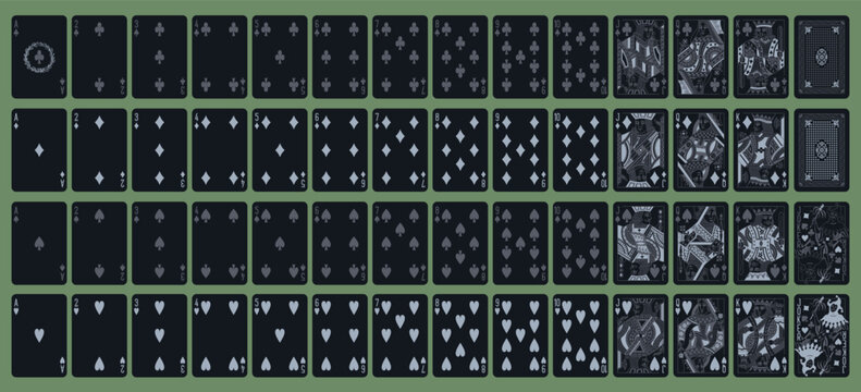 Silver (grey) black playing printable vector cards for gambling (poker, bridge), deck of 52 cards. Silhouette a portrait of the King, Queen, Jack and Joker and 4 suits spades, hearts, diamonds, clubs.