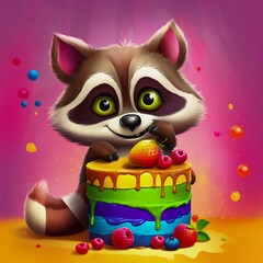 Super Cute Cartoon Raccoon Holding a Celebration Cake. Generative AI