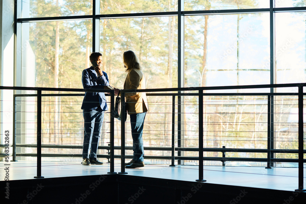 Poster Outlines of two elegant male brokers having discussion of working points at meeting while standing in front of railing against large window
