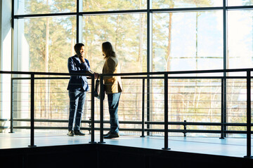 Fototapeta na wymiar Outlines of two elegant male brokers having discussion of working points at meeting while standing in front of railing against large window