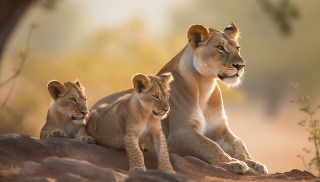 Lioness with Baby Lions Cubs in Savannah