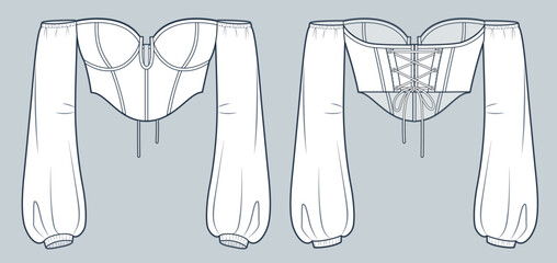  Off Shoulder Top witch Corset technical fashion Illustration. Bustier Top fashion flat technical drawing template, long sleeve, lace-up, slim fit, front and back view, white, women CAD mockup.