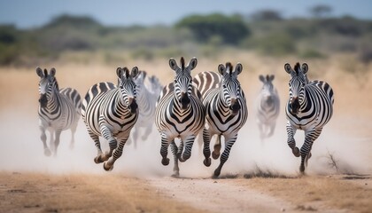 Fototapeta na wymiar Galloping Zebras in Savannah