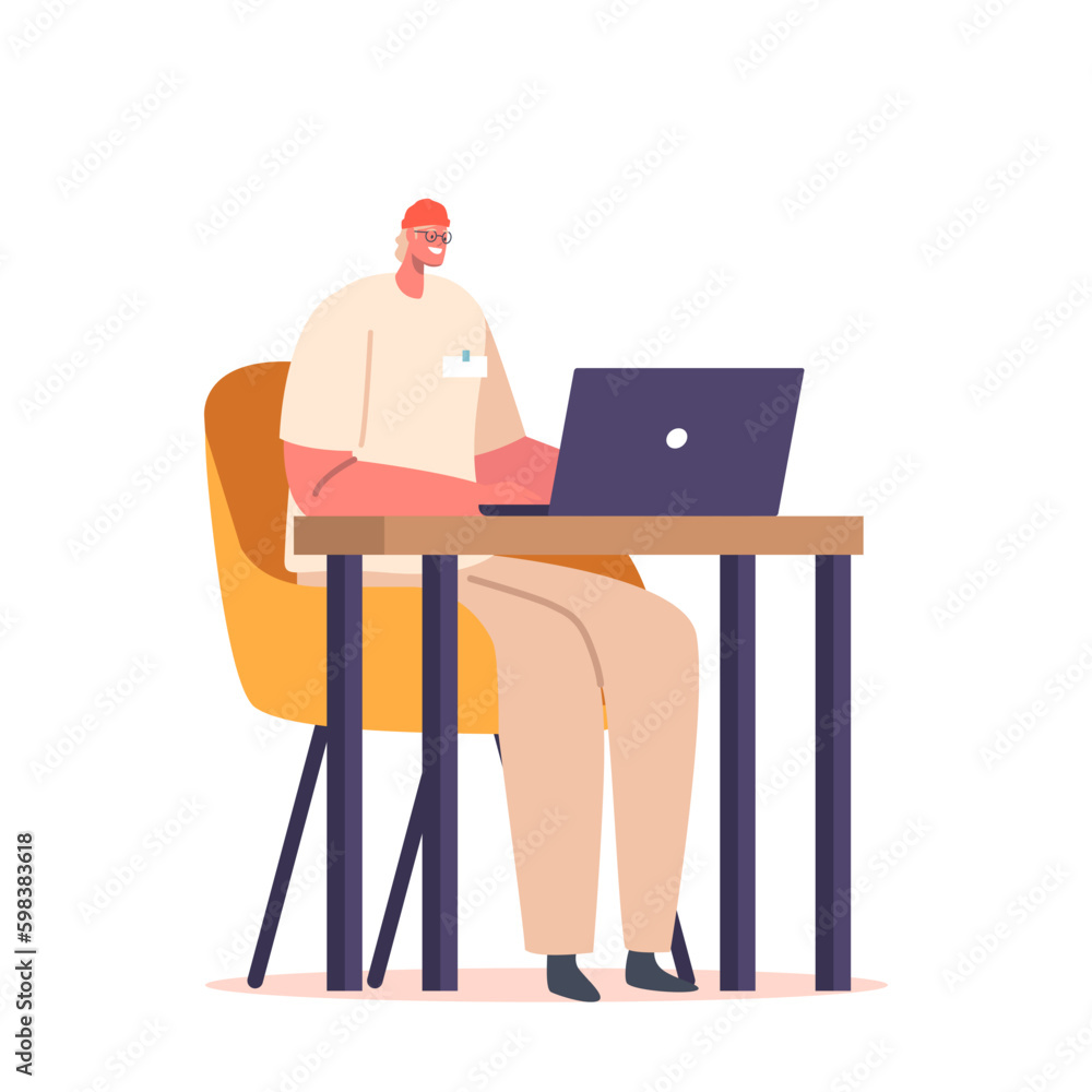 Poster designer male character creates artwork on laptop using software tools, creativity and technical ski