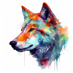 Wolf Head Watercolour Portrait Bright Colours polygon