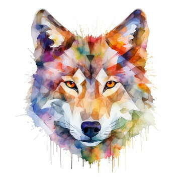 Wolf Head Watercolour Portrait Bright Colours polygon