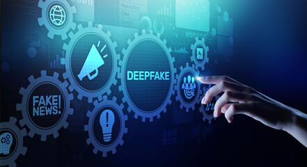 Deep Fake news artificial intelligence in media technology concept on virtual screen.