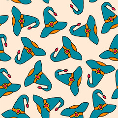Seamless pattern with stylish teal blue hats on light background. Vector illustration.