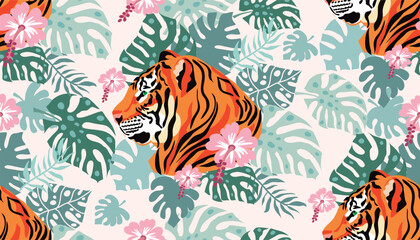 Tiger and tropical plants, flowers, leaves. Beautiful seamless pattern iin cartoon realistic style Modern fashion print background animal skin for textile, fabric, wallpaper Vector illustration