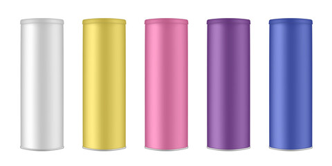 Set of chips tubes. Packaging mockup. White, yellow, pink, purple and blue containers. Cardboard box with plastic lid. Tall tin canisters