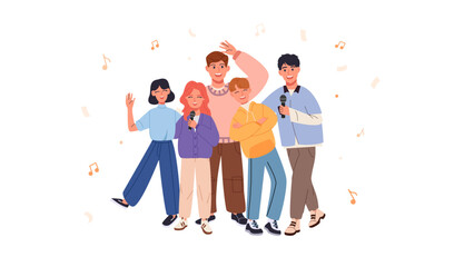 Vector illustration of a company of joyful young people with microphones who perform together. The musical group sings at the event. An example of how music brings people together. Eurovision concept.