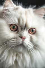 Cute fluffy white long-haired Persian cat looking straight into the camera. Macro shot of the face with penetrating eyes expression