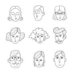 A set of vector images. Male and female faces. Bright set of black and white avatars for your application or website. 