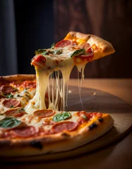 Selbstklebende Fototapeten Delicious authentic pepperoni pizza with fresh basil and stretchy melting mozzarella cheese. Cut out levitating slice © olindana