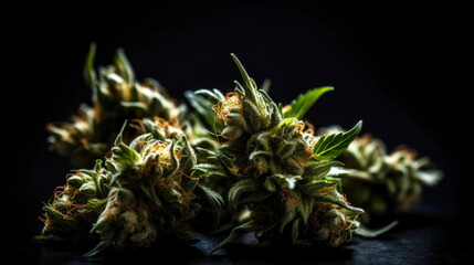 Naklejka na ściany i meble Cannabis bud strains on black background. Generative AI