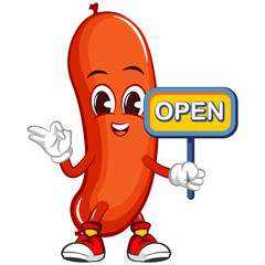 vector mascot character illustration of a sausage with a sign that says open