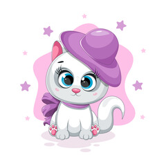 Cute stylish kitty with big hat and bow