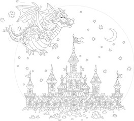 Naklejka premium Fire-breathing dragon flying over a fairytale castle with high towers, defensive stone walls, gates, waving royal flags at a mysterious moonlit night, black and white outline vector cartoon illustrati