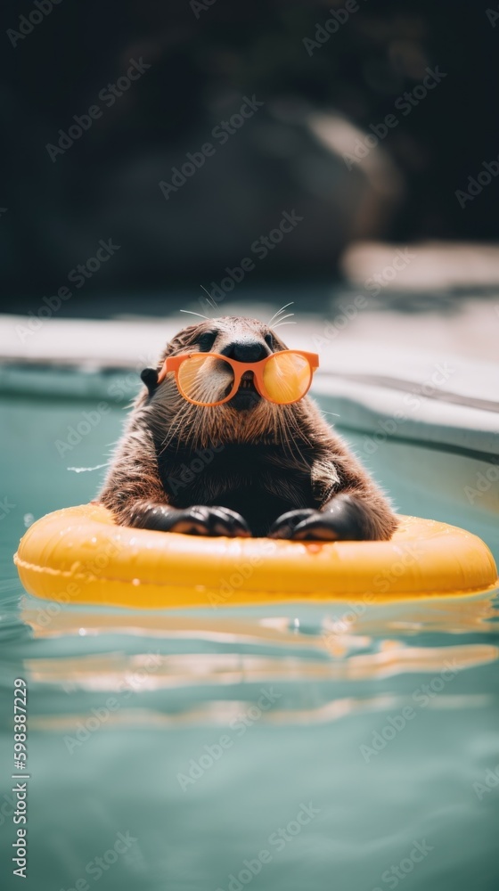 Poster an otter with sunglasses floating in a pool. ai generative image.