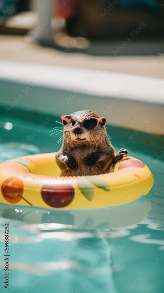 Poster a otter with sunglasses floating in a pool. ai generative image.