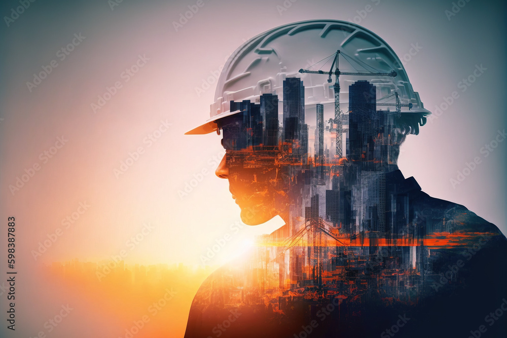 Poster civil engineer portrait as concept for building construct by professional with hardhat helmet engine