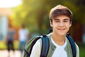 Teen boy carrying schoolbag smiling. Generative AI