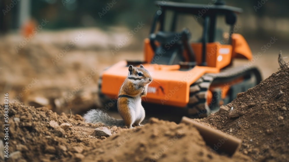 Poster a squirrel or chipmunk standing in front of a construction vehicle. ai generative image.