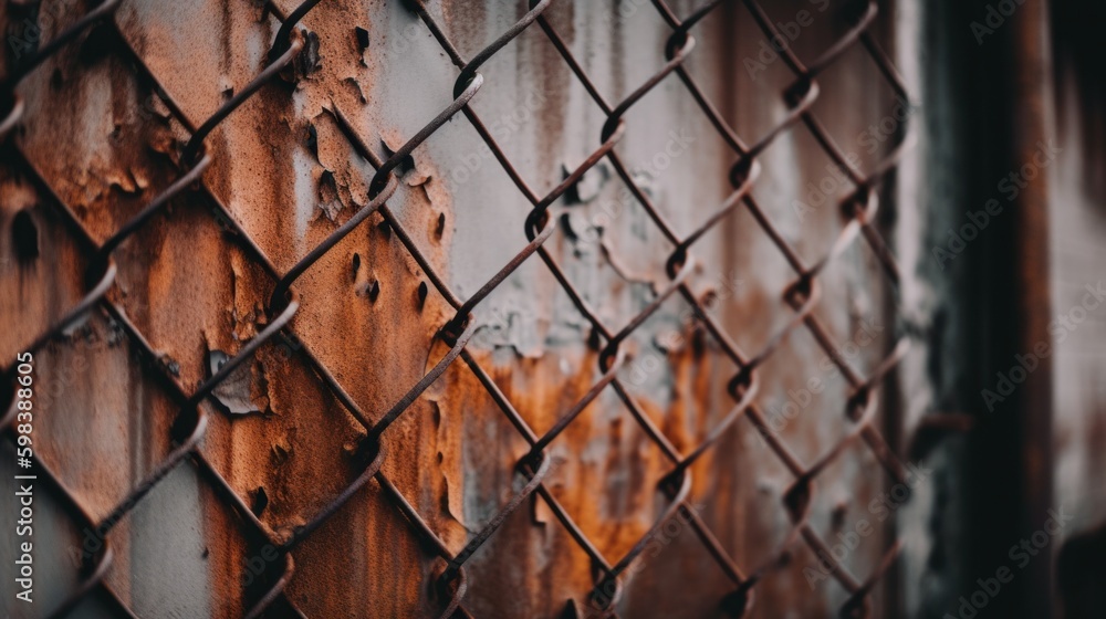 Poster a rusted metal fence with rust on it. ai generative image.