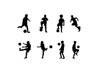 Fototapeta na wymiar kid playing soccer. vector illustration. vector set of football (soccer) kids in various poses. soccer kid players silhouette.