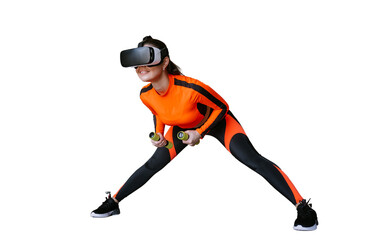 Fit brunette hispanic young woman in orange sportswear training with dumbbells using 3D headset against transparent background. Excited American girl in virtual reality google at fitness club. Health