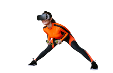 Fit brunette hispanic young woman in orange sportswear training with dumbbells using 3D headset against transparent background. Excited American girl in virtual reality google at fitness club. Health