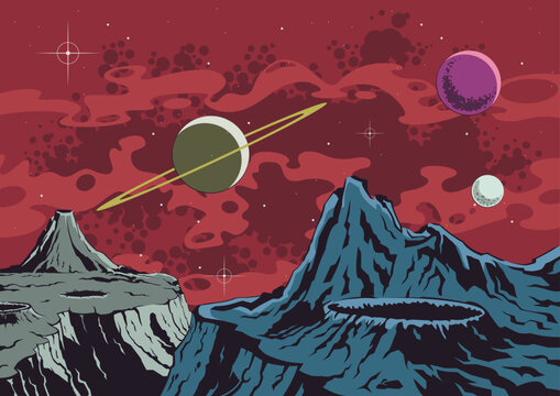 Retro Style Fantastic Space Landscape Poster. Astonishing Comic Book Universe Illustration