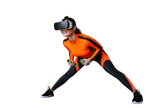 Fit brunette hispanic young woman in orange sportswear training with dumbbells using 3D headset against transparent background. Excited American girl in virtual reality google at fitness club. Health