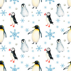 Watercolor winter seamless pattern with king penguins under snowflakes and puffin birds isolated. Hand painting realistic Arctic and Antarctic ocean mammals. For designers, decoration, postcards, 