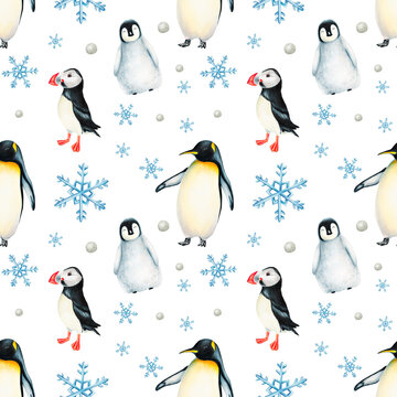 Watercolor winter seamless pattern with king penguins under snowflakes and puffin birds isolated. Hand painting realistic Arctic and Antarctic ocean mammals. For designers, decoration, postcards, 