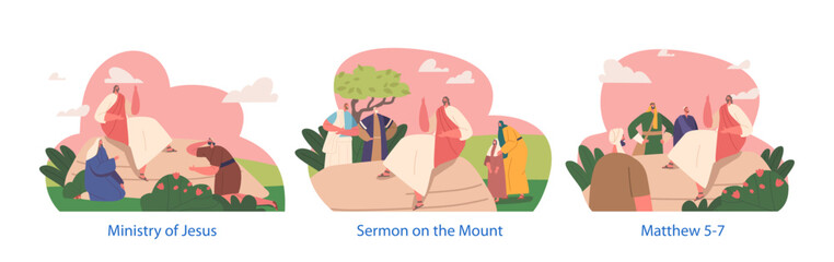 Jesus Delivered The Sermon On The Mount, Teaching His Followers The Beatitudes, The Lord's Prayer, Vector Illustration Generative AI