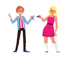 Happy women playing with spinner, cartoon flat vector illustration isolated on white background.