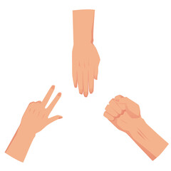 Rock paper scissors hand game, flat vector illustration isolated on white background.