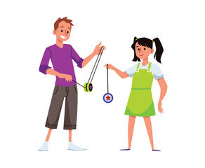 Children playing yoyo string toy, flat cartoon vector illustration isolated.