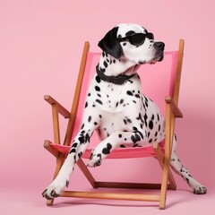 Big white dalmatian dog with cool black glasses chilling on a beach chair on a subtle pink background. Generative AI.