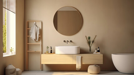 Obraz na płótnie Canvas Minimal interior design bathroom with beige cozy tone style, decorate with wooden decor, bathtub, sink, towels, and brown tone background, empty wall for mock up and banner, with Generative Ai.